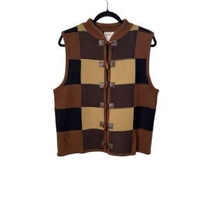 Vintage Crystal Kobe Sweater‎ Vest Size L Brown Patch Wood Buttons Dark Academia